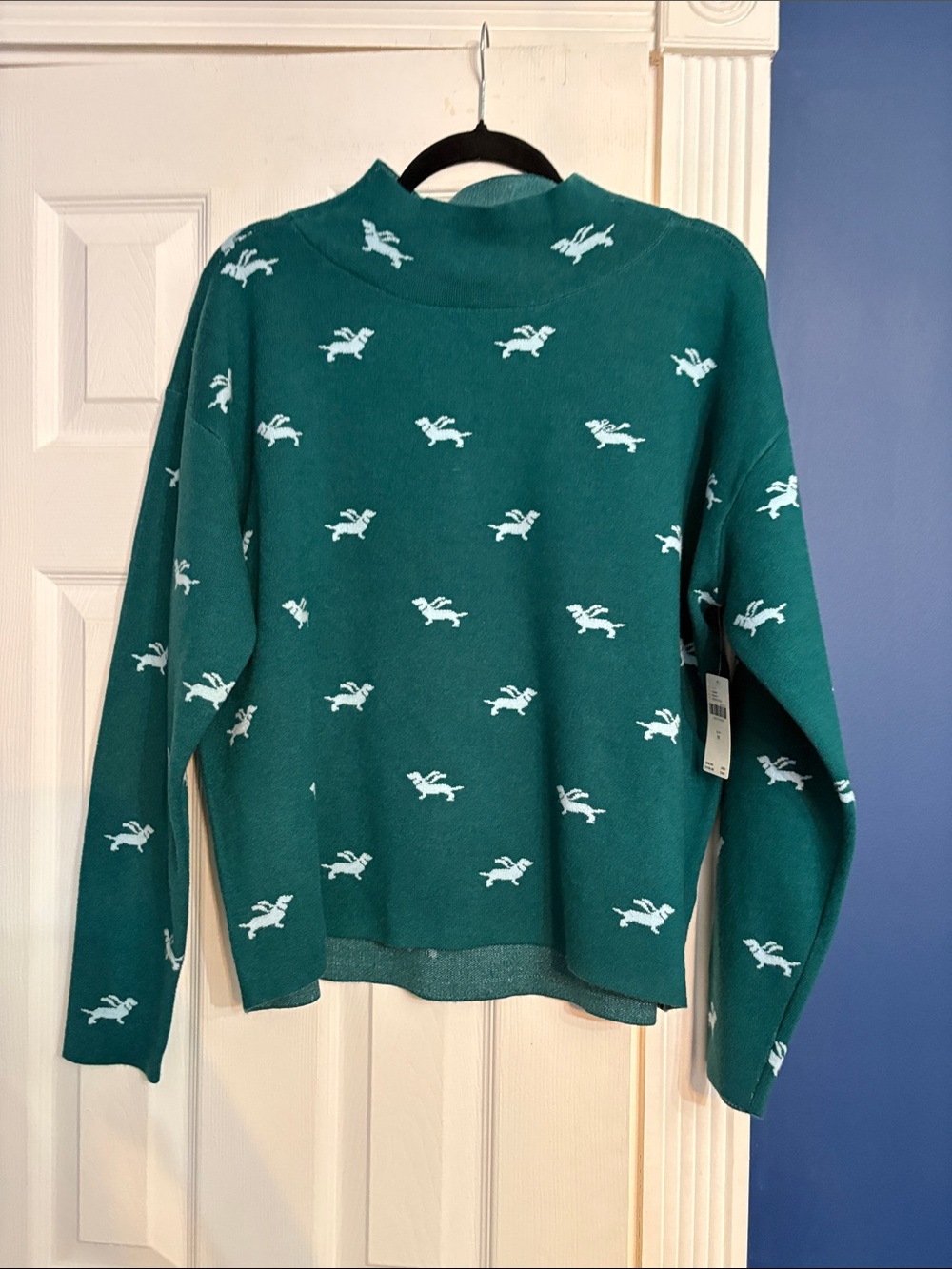 Anthropologie Maeve CARYS Mock Neck Sweater Womens Medium Dachshund Dog Green -M - Picture 7 of 7